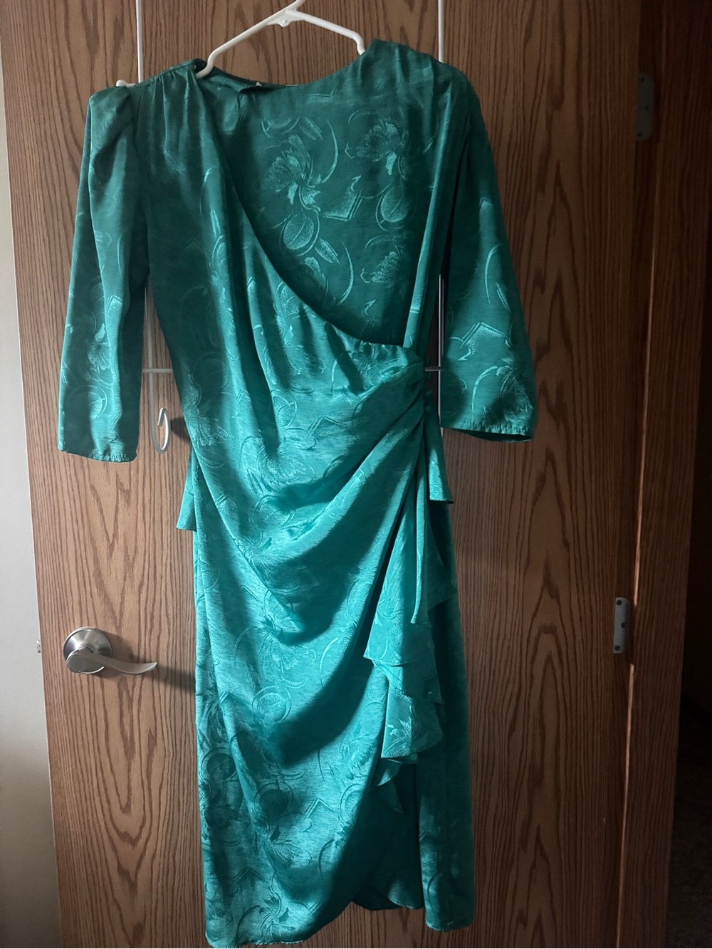 Vintage 80s Orite Petite Emerald Green Jacquard Wrap Ruffle Dress 3/4